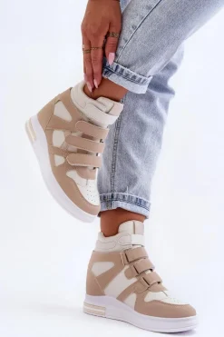 Damskie Wysokie Buty Sportowe Na Ukrytym Koturnie Beżowe Inari