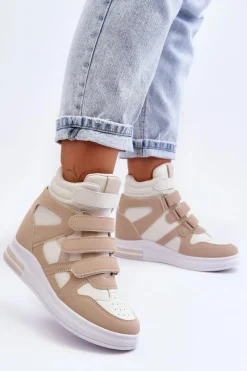 Damskie Wysokie Buty Sportowe Na Ukrytym Koturnie Beżowe Inari