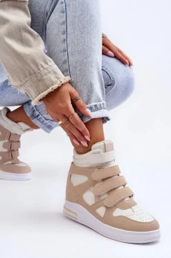 Damskie Wysokie Buty Sportowe Na Ukrytym Koturnie Beżowe Inari