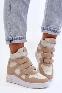 Damskie Wysokie Buty Sportowe Na Ukrytym Koturnie Beżowe Inari