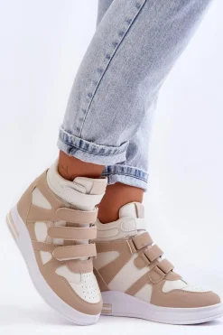 Damskie Wysokie Buty Sportowe Na Ukrytym Koturnie Beżowe Inari