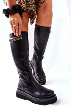 Damskie Wysokie Czarne Kozaki z Łańcuchem Vivien