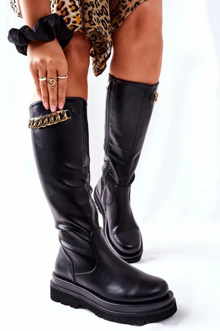 Damskie Wysokie Czarne Kozaki z Łańcuchem Vivien