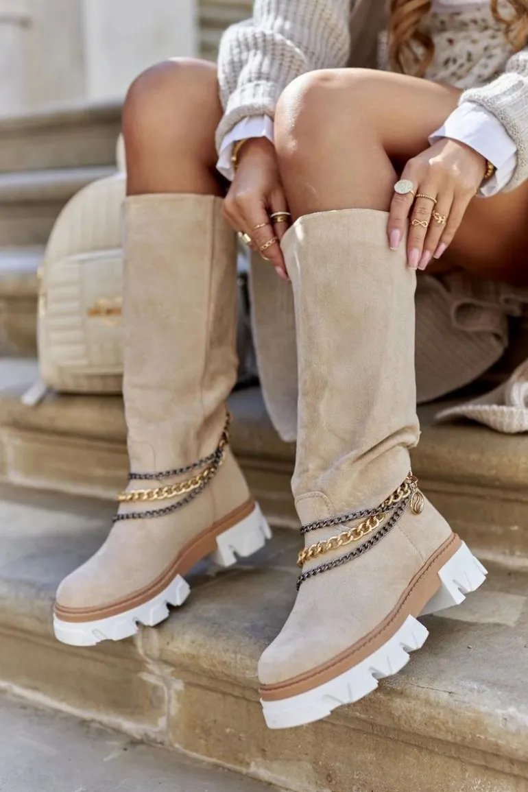 Damskie Wysokie Kozaki Botki Beżowe Lagoon