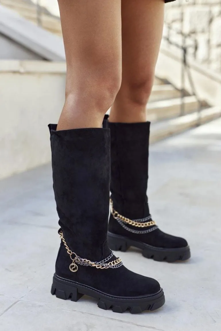 Damskie Wysokie Kozaki Botki Czarne Lagoon