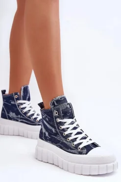 Damskie Wysokie Materiałowe Trampki Granatowe Degas