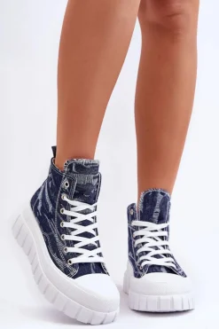 Damskie Wysokie Materiałowe Trampki Granatowe Degas