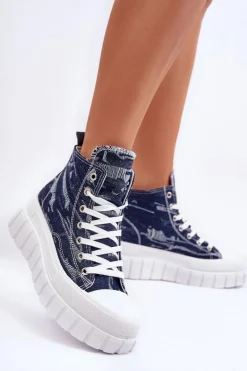 Damskie Wysokie Materiałowe Trampki Granatowe Degas