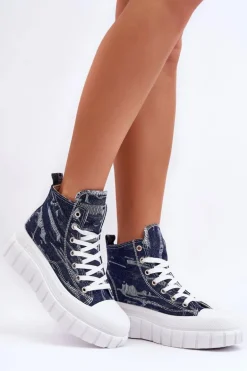 Damskie Wysokie Materiałowe Trampki Granatowe Degas