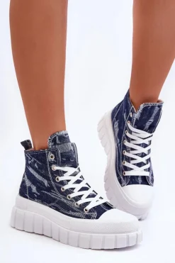 Damskie Wysokie Materiałowe Trampki Granatowe Degas