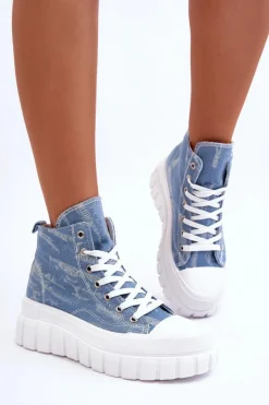 Damskie Wysokie Materiałowe Trampki Niebieskie Degas