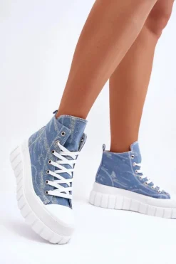 Damskie Wysokie Materiałowe Trampki Niebieskie Degas