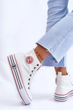 Damskie Wysokie Materiałowe Trampki Na Platformie Big Star LL274185 Białe