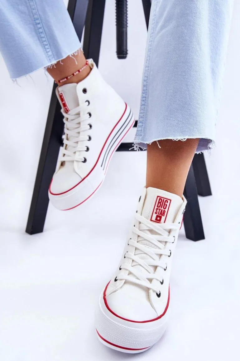 Damskie Wysokie Materiałowe Trampki Na Platformie Big Star LL274185 Białe