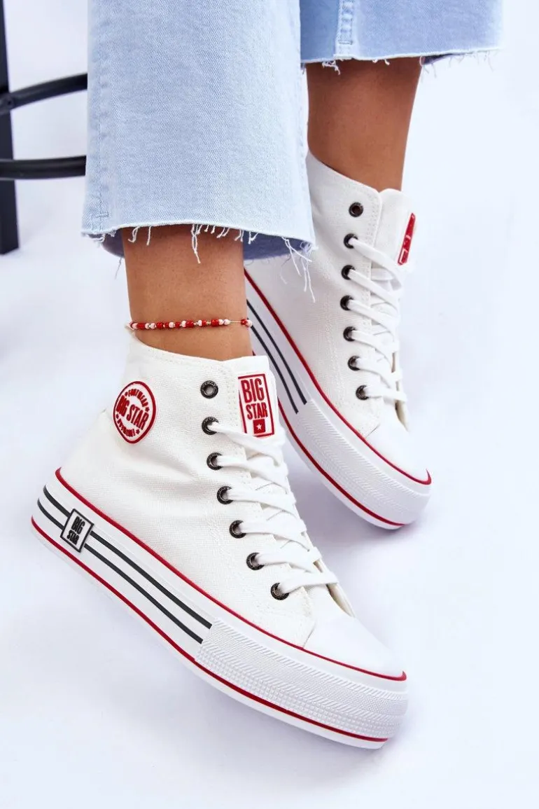 Damskie Wysokie Materiałowe Trampki Na Platformie Big Star LL274185 Białe