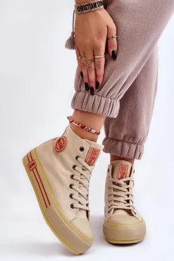 Damskie Wysokie Materiałowe Trampki Na Platformie Big Star LL274187 Beżowe