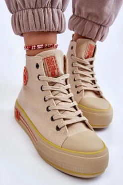 Damskie Wysokie Materiałowe Trampki Na Platformie Big Star LL274187 Beżowe