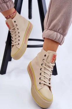 Damskie Wysokie Materiałowe Trampki Na Platformie Big Star LL274187 Beżowe