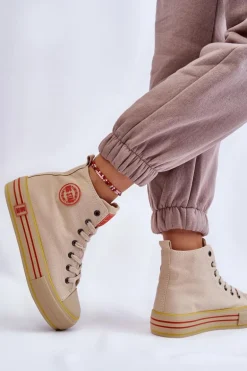 Damskie Wysokie Materiałowe Trampki Na Platformie Big Star LL274187 Beżowe