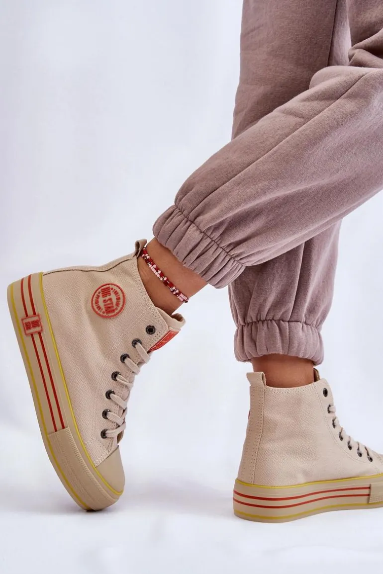 Damskie Wysokie Materiałowe Trampki Na Platformie Big Star LL274187 Beżowe