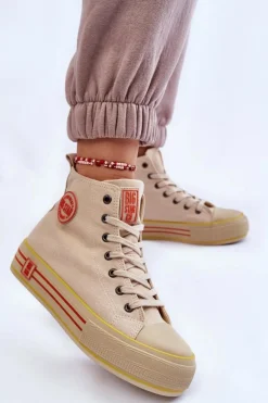 Damskie Wysokie Materiałowe Trampki Na Platformie Big Star LL274187 Beżowe