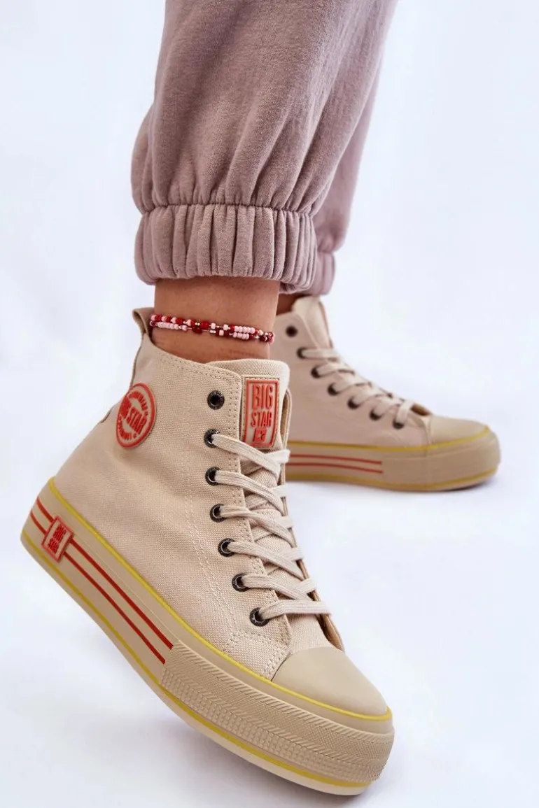 Damskie Wysokie Materiałowe Trampki Na Platformie Big Star LL274187 Beżowe