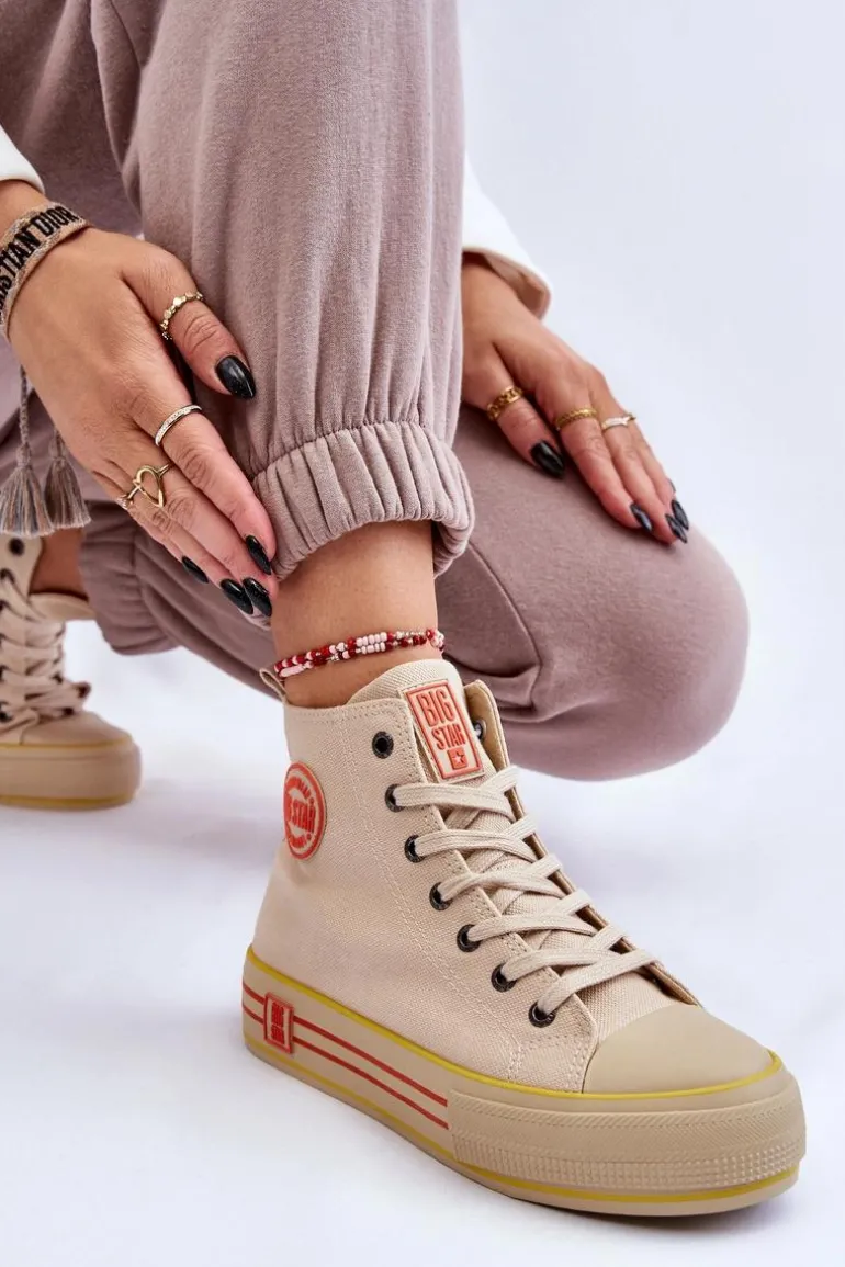 Damskie Wysokie Materiałowe Trampki Na Platformie Big Star LL274187 Beżowe