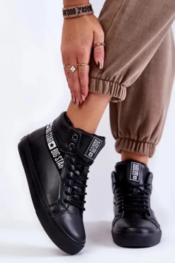 Damskie Wysokie Ocieplane Skórzane Trampki Big Star EE274355 Czarne