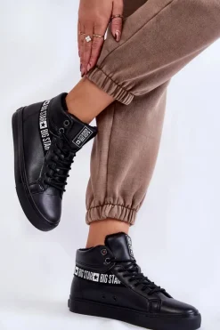 Damskie Wysokie Ocieplane Skórzane Trampki Big Star EE274355 Czarne