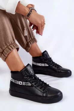 Damskie Wysokie Ocieplane Skórzane Trampki Big Star EE274355 Czarne