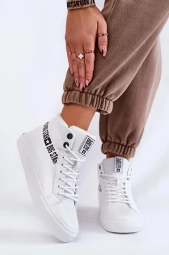 Damskie Wysokie Ocieplane Skórzane Trampki Big Star EE274356 Białe