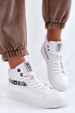 Damskie Wysokie Ocieplane Skórzane Trampki Big Star EE274356 Białe