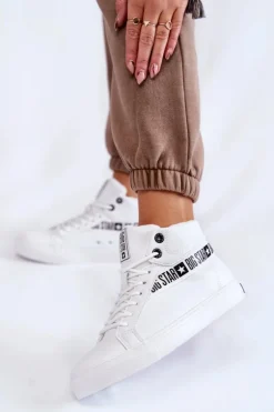 Damskie Wysokie Ocieplane Skórzane Trampki Big Star EE274356 Białe