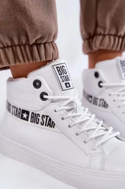 Damskie Wysokie Ocieplane Skórzane Trampki Big Star EE274356 Białe