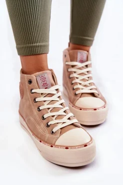 Damskie Wysokie Ocieplane Trampki Cross Jeans KK2R4045C Beżowe