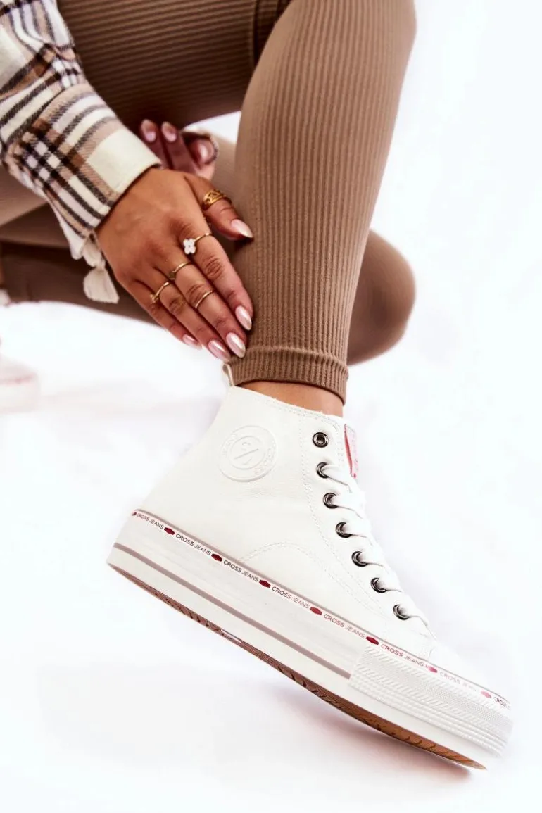 Damskie Wysokie Ocieplane Trampki Cross Jeans KK2R4044C Białe