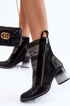 Damskie Wysokie Skórzane Botki Maciejka 05647-01 Czarne