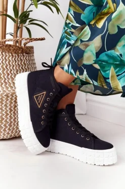 Damskie Wysokie Tenisówki Na Platformie Czarne Manhattan