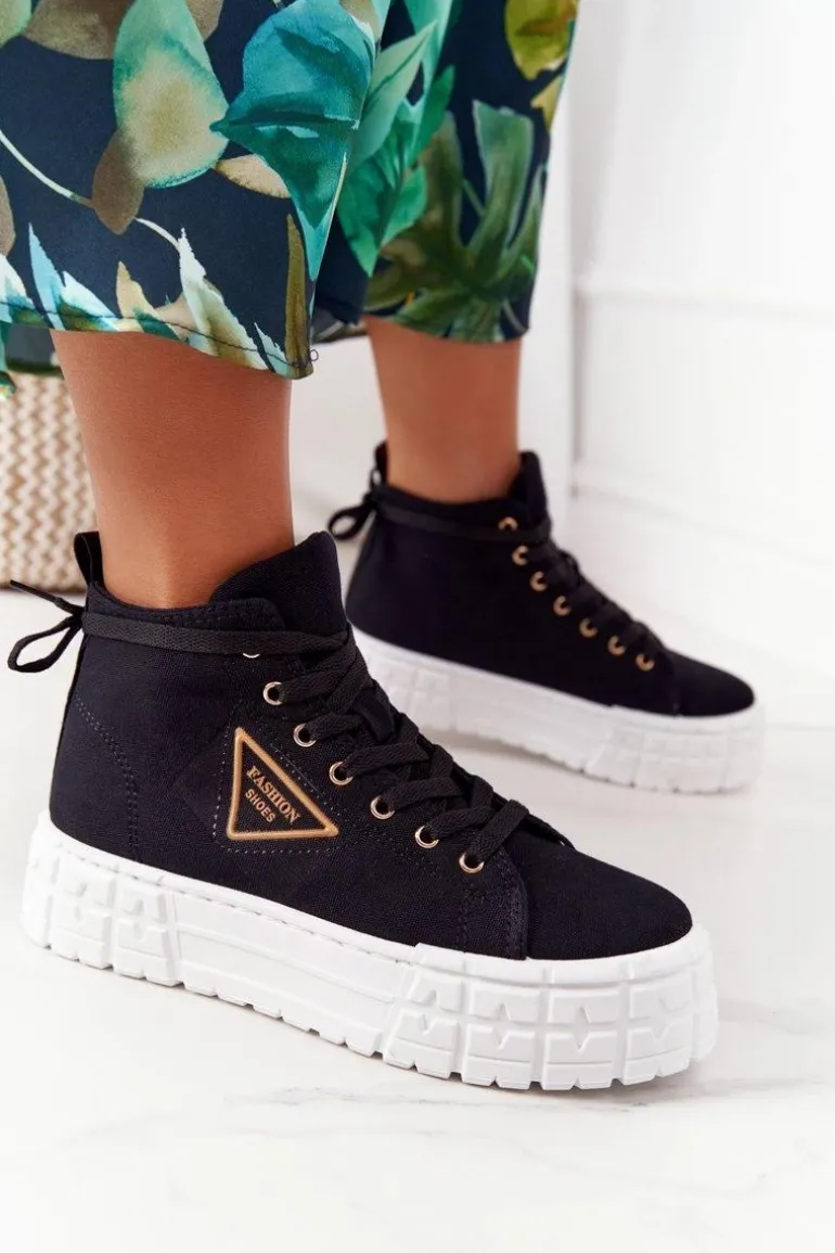 Damskie Wysokie Tenisówki Na Platformie Czarne Manhattan
