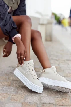 Damskie Wysokie Tenisówki Na Platformie Beżowe Manhattan