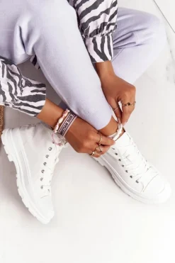 Damskie Wysokie Trampki Na Dużej Podeszwie Białe Trissy