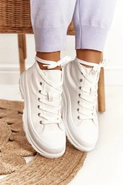 Damskie Wysokie Trampki Na Dużej Podeszwie Białe Trissy