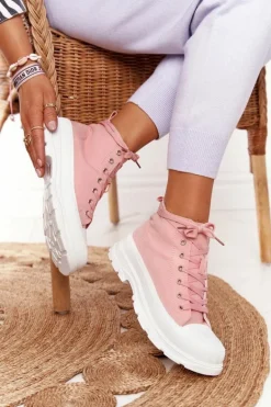 Damskie Wysokie Trampki Na Dużej Podeszwie Różowe Trissy