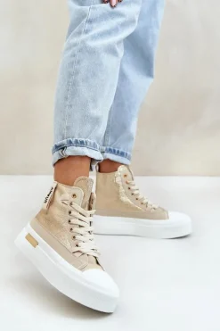 Damskie Wysokie Trampki Na Platformie Beżowo-Złote Averira