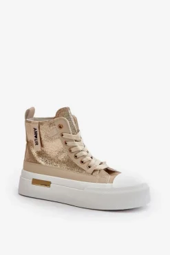 Damskie Wysokie Trampki Na Platformie Beżowo-Złote Averira