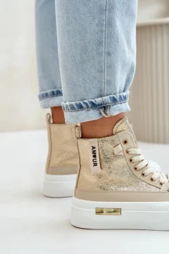 Damskie Wysokie Trampki Na Platformie Beżowo-Złote Averira