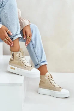 Damskie Wysokie Trampki Na Platformie Beżowo-Złote Averira