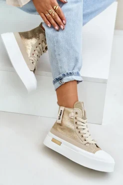 Damskie Wysokie Trampki Na Platformie Beżowo-Złote Averira