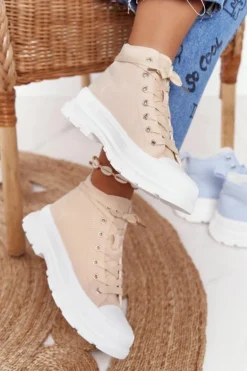 Damskie Wysokie Trampki Na Dużej Podeszwie Beżowo-Białe Trissy