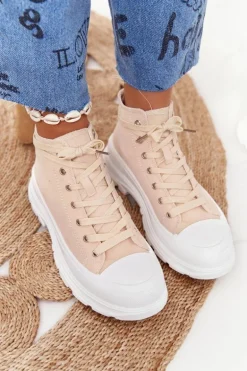 Damskie Wysokie Trampki Na Dużej Podeszwie Beżowo-Białe Trissy